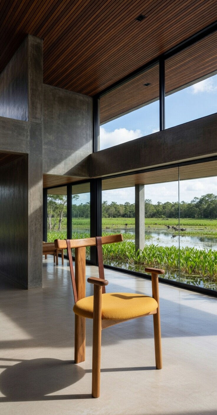 Miniatura: Poltrona Girafales em perspectiva com assento em tecido amarelo num ambiente modernista com uma paisagem ao fundo