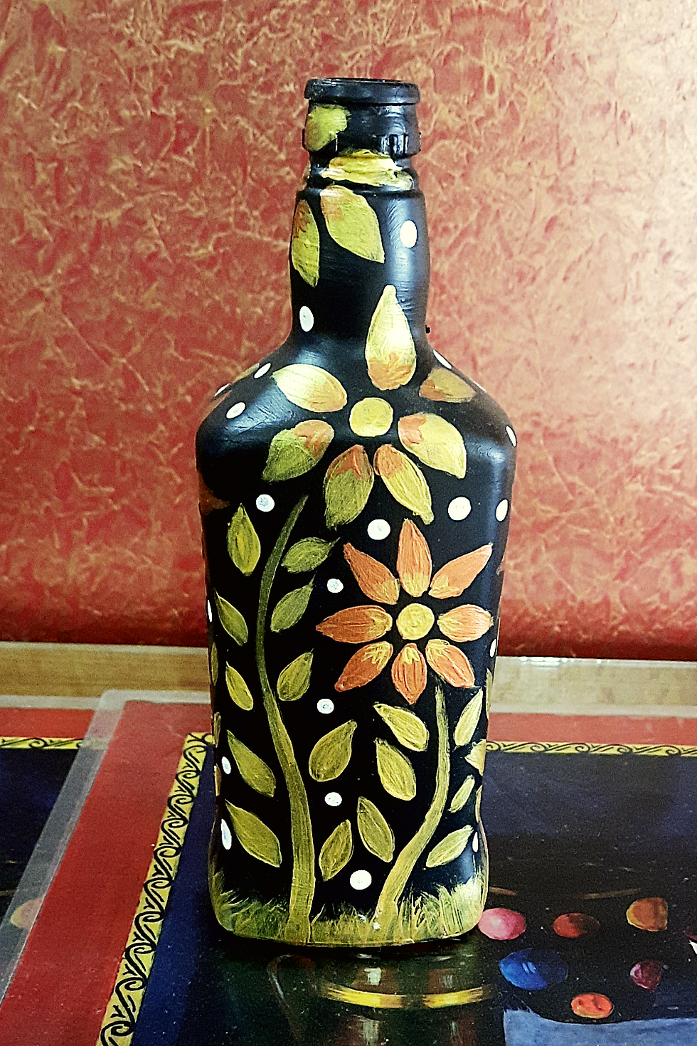Hand Painted Calligraphy Black Bottle Art