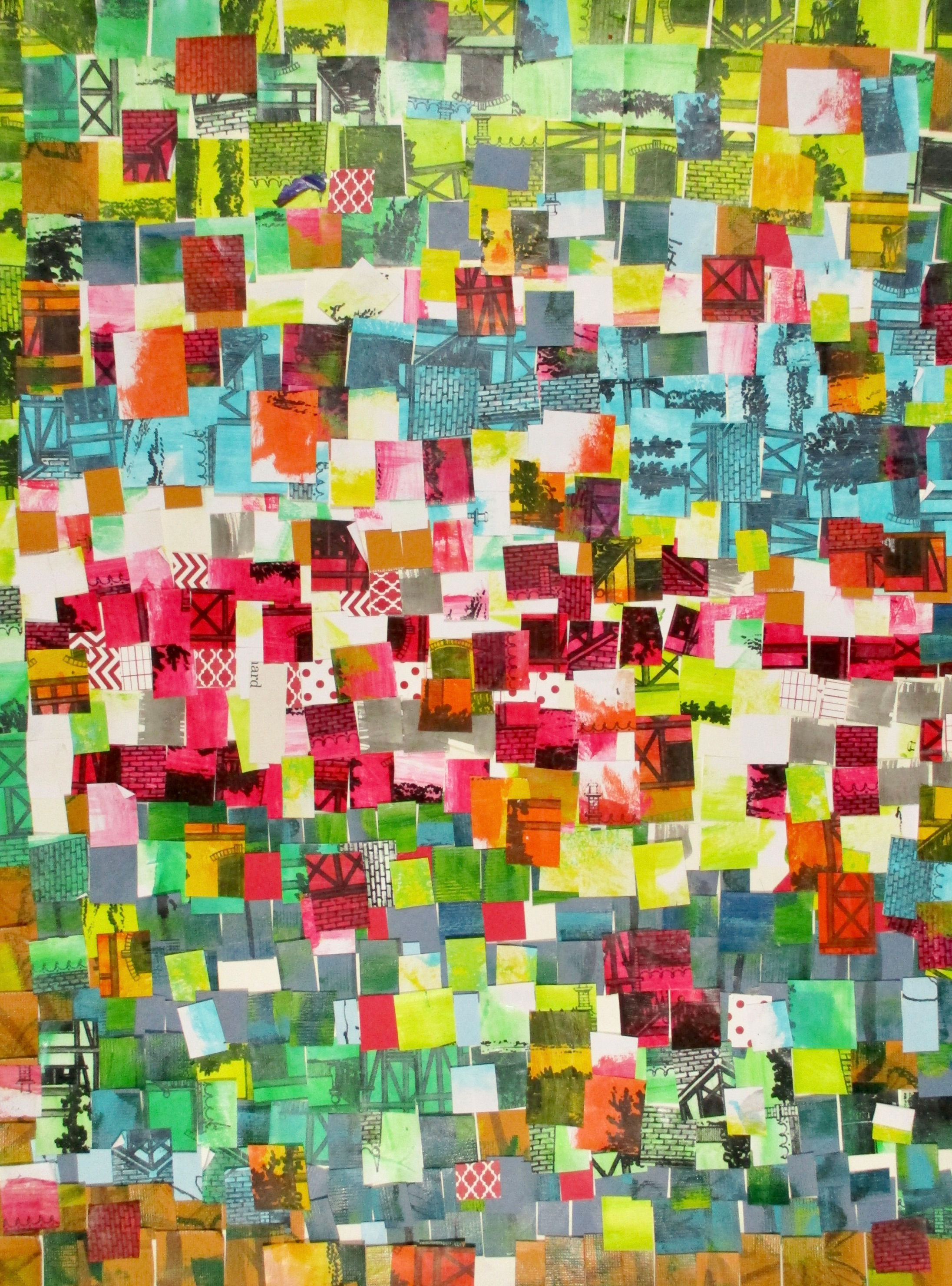 Mosaic of bright, colorful patterned squares