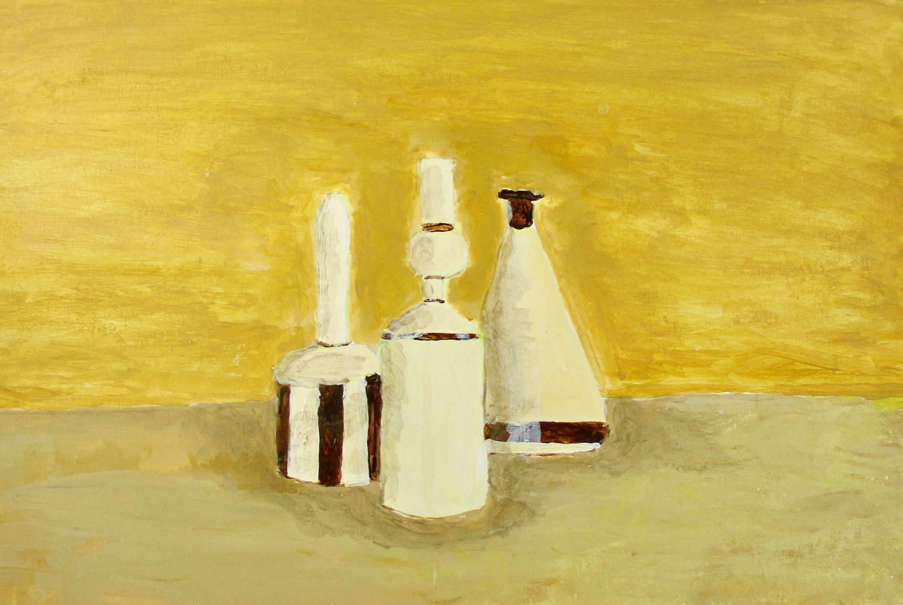 Three stylized vases, one striped, on a golden background