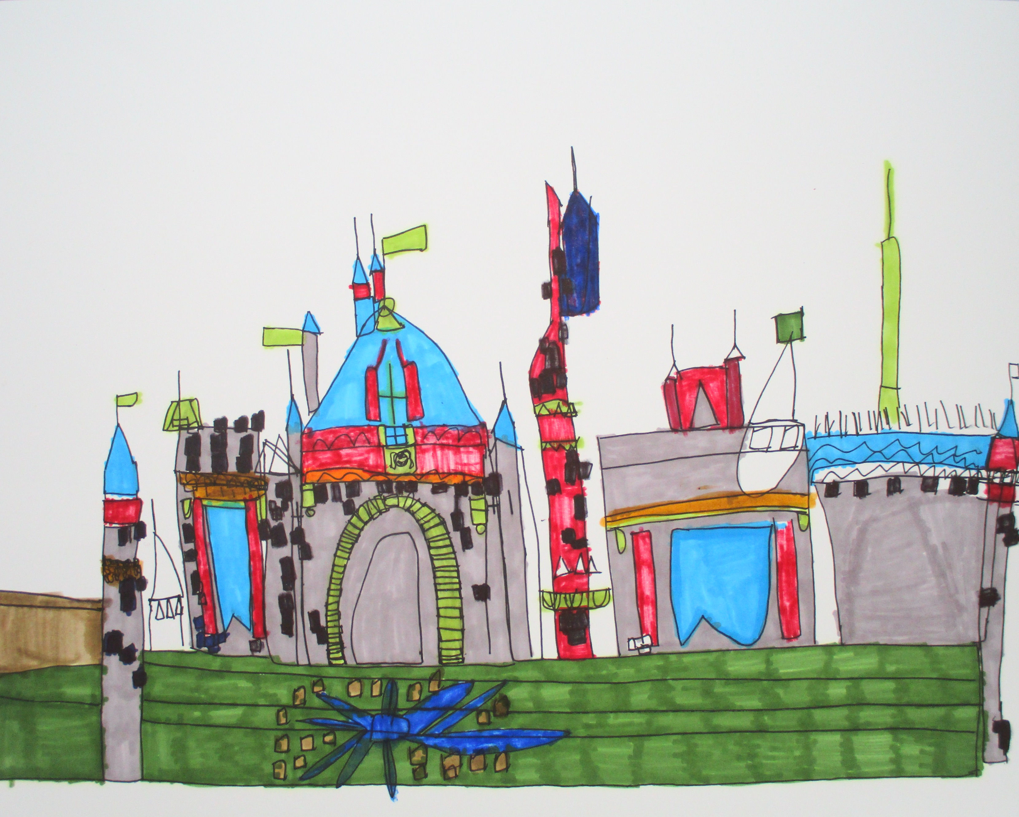 Colorful drawing of a fantasy castle and a blue dragonfly
