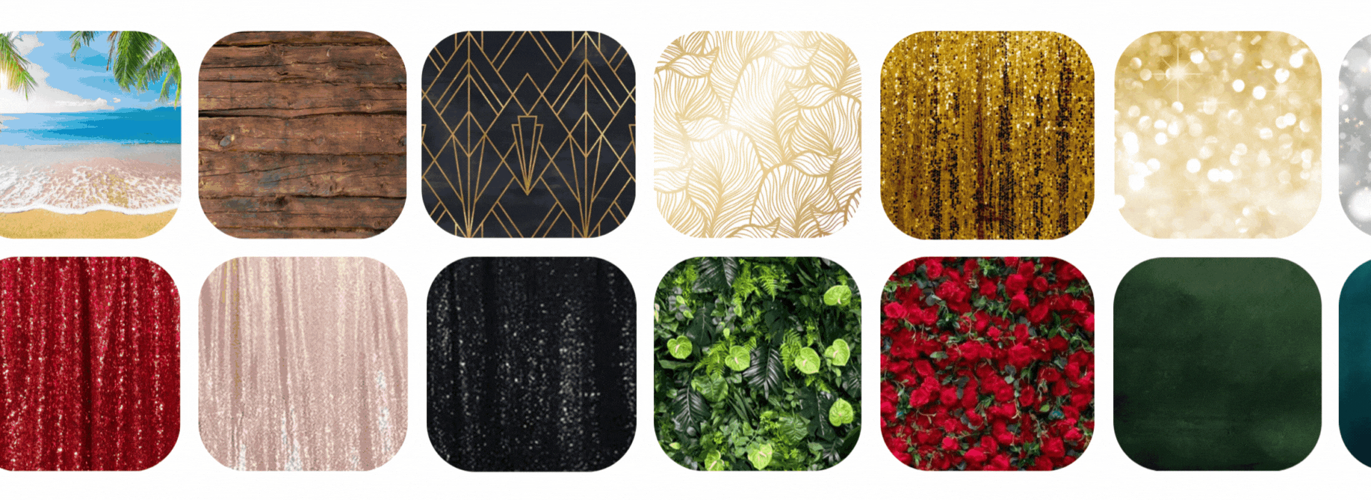 Image of backdrop options including sparkles, sequins, flowers walls, green screen, silver, gold