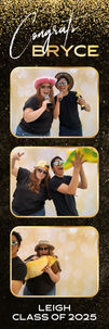 A gold and black graduation photo strip with a woman and man couple posing for silly photos using fun props.