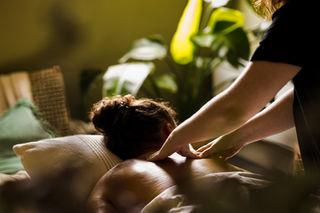 A photo of a massage therapist delivering a treatment in a cosy room with green plants