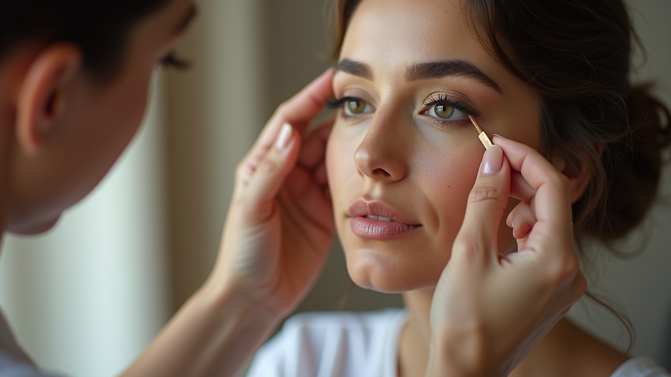 Eye-level view of a makeup artist applying foundation on bride's face