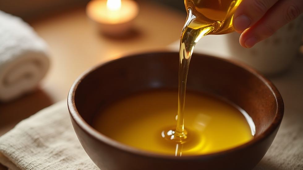 Close-up view of warm oil being poured into a bowl for massage