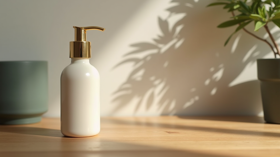 Close-up view of a skincare product bottle on a wooden table