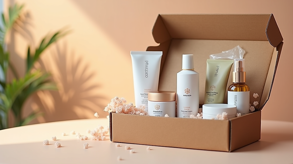 Close-up of a monthly subscription box with beauty and wellness items