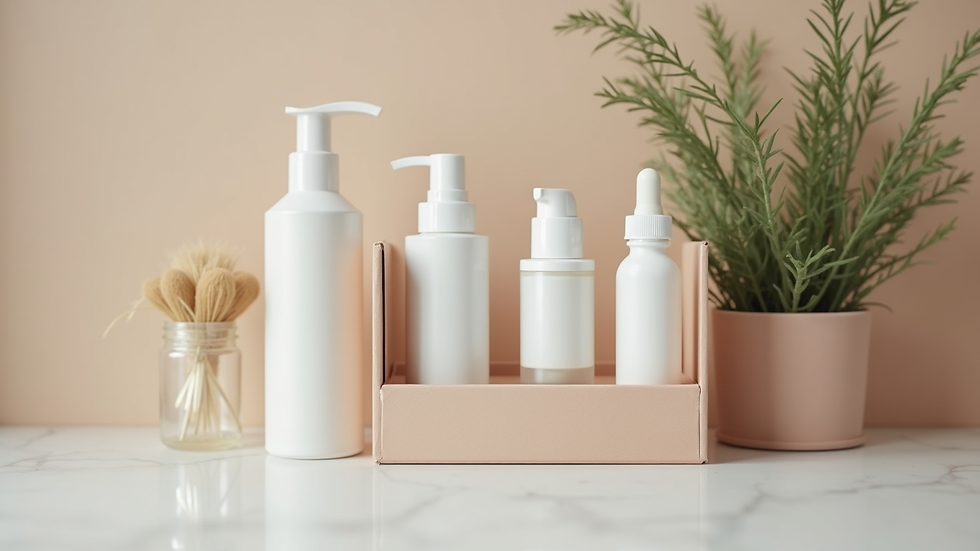 Eye-level view of a neatly arranged beauty box with skincare products