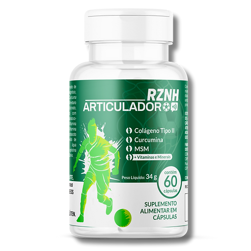 Produto Articulador RZNH colágeno Tipo 2, MSM, Curcumina. Suplemento alimentar com vitaminas e minerais que auxiliam o funcionamento muscular e a manutenção dos ossos.