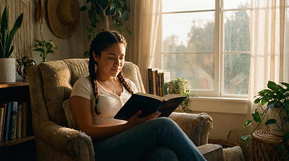 Mulher lendo a Bíblia perto de uma janela ao amanhecer representando versículos para ansiedade e busca por paz espiritual.