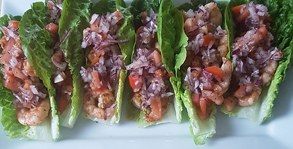 King Prawns salsa on gem lettuce