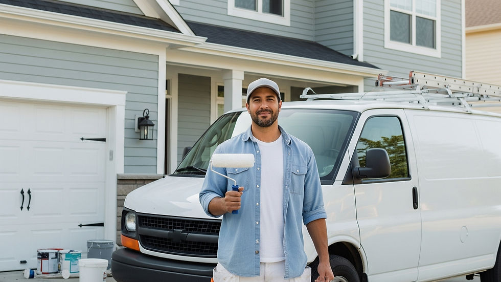 Man with paint roller stands by a white van, smiling, in front of a gray house. Paint cans on the ground suggest a painting job.