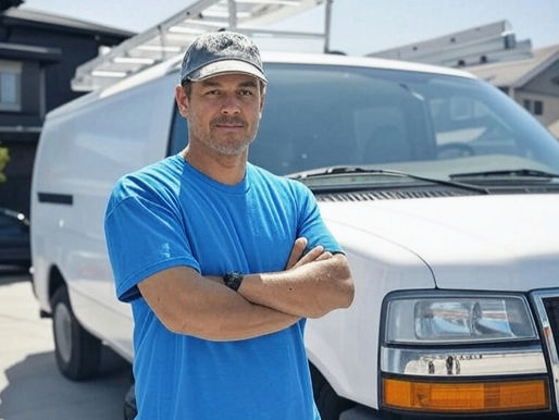 A painter with the van ready to serve