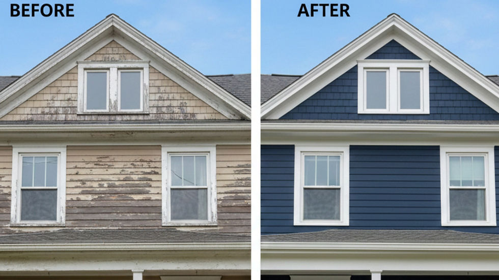 Before-and-after image of a house exterior. Left: peeling beige paint. Right: fresh navy blue siding. Text: "BEFORE" and "AFTER".
