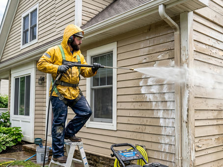 A man in a yellow raincoat power washes the siding of a beige house.