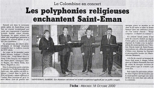 Article du journal "L'Écho" du 18 octobre 2000, sur le concert donné par "La Colombina"