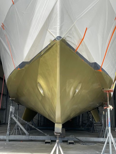 Epoxy primer on a boat hull to protects against osmosis