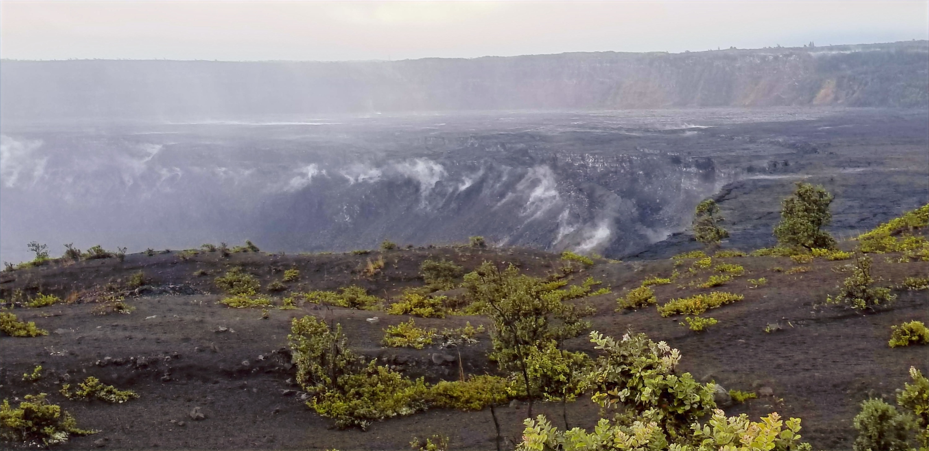 Steam vents from the volcanic crater 