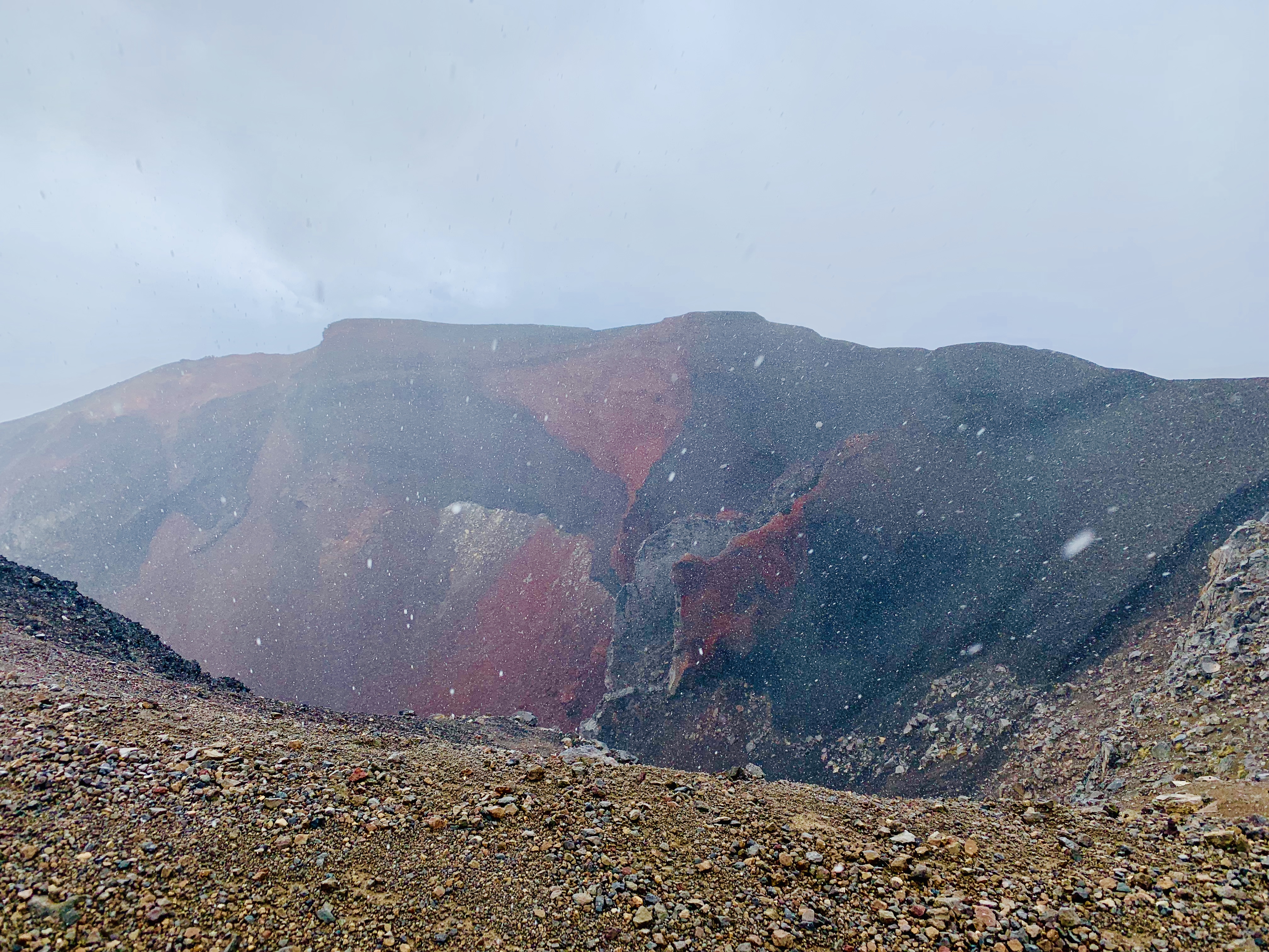 Red Volcanic Mountains (Snowfall in progress)