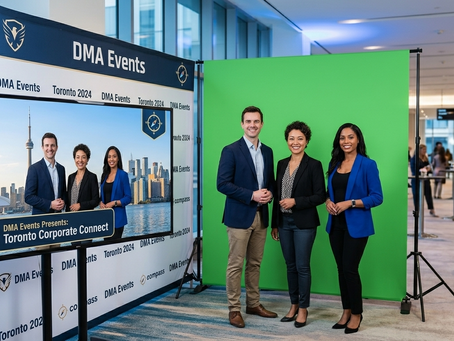 Three professionals pose at a branded green screen photo booth activation by DMA Events.
