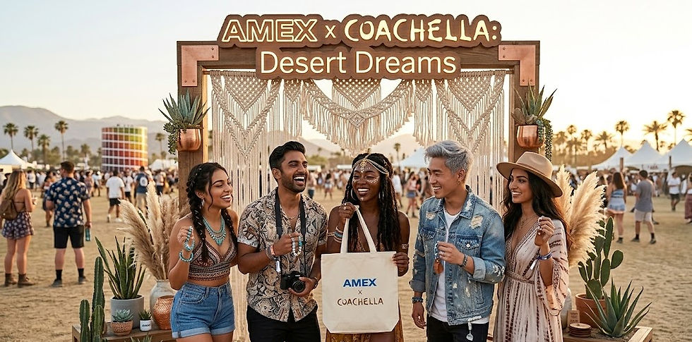 A diverse group of stylish festival attendees laughing and posing at a DMA Coachella brand activation, featuring an "Amex x Coachella: Desert Dreams" macramé photo op station under warm golden hour light.
