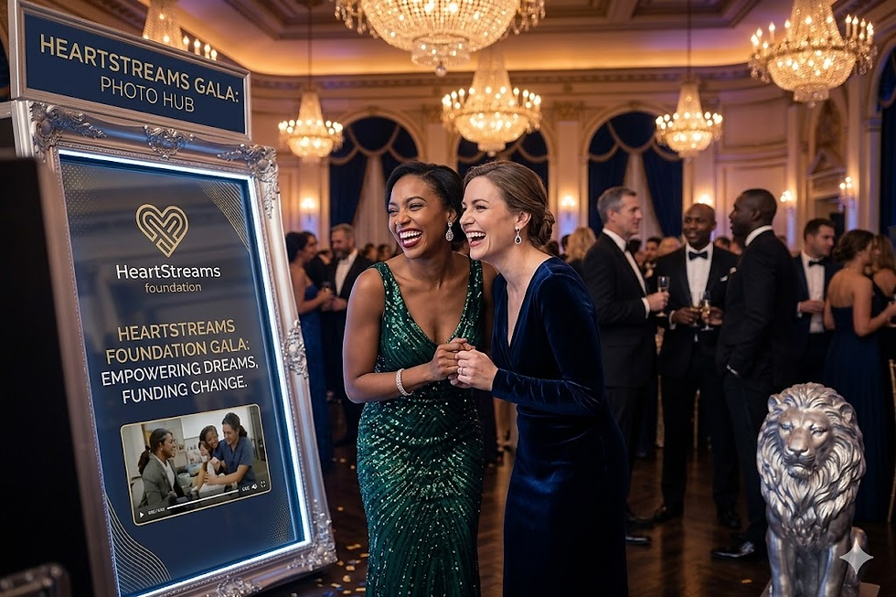 Two guests laughing at a branded Digital Mirror photo booth during a charity gala. The screen features a nonprofit mission statement, highlighting DMA's role in high-end fundraising engagement.