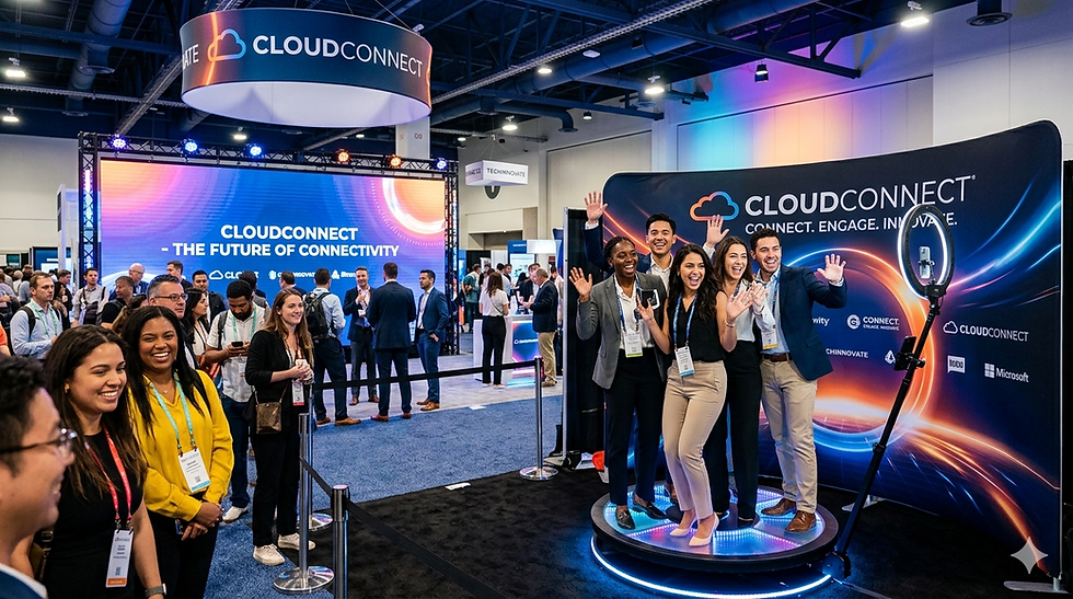 People smiling on a platform at a tech conference, colorful "CLOUDCONNECT" signs and vibrant lights in the background. Excited atmosphere. By DMA Events