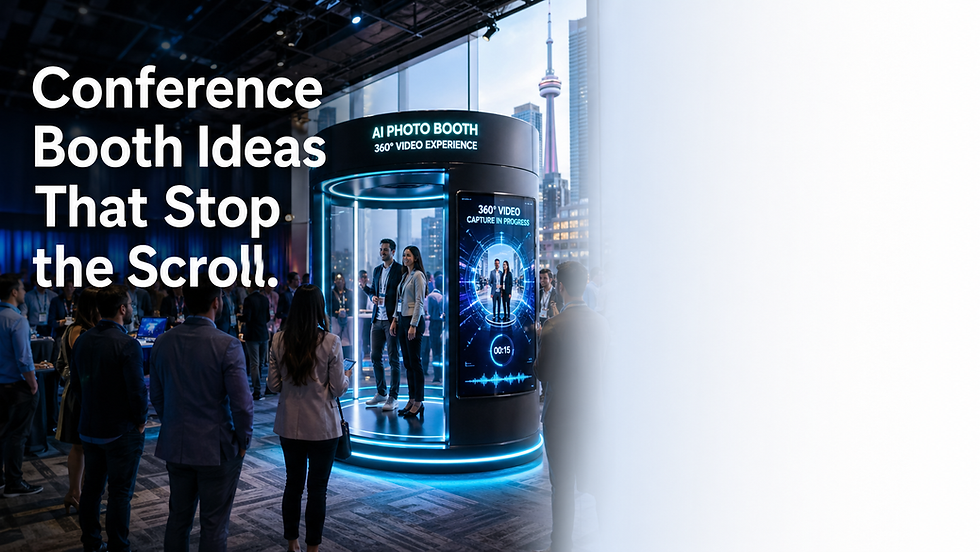 People gather around an AI photo booth with a cityscape view. Text reads "Conference Booth Ideas That Stop the Scroll." By DMA Events
