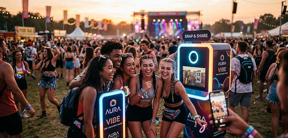 Festival scene with four people posing happily at a photo booth. Colorful lights and a lively crowd in the background at sunset. By DMA Events