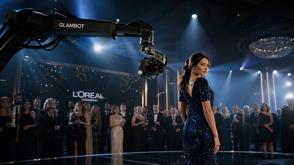 Elegant woman in blue sparkly dress poses for a robotic camera arm at a glamorous event. Crowd watches, "L'Oréal" sign in background.