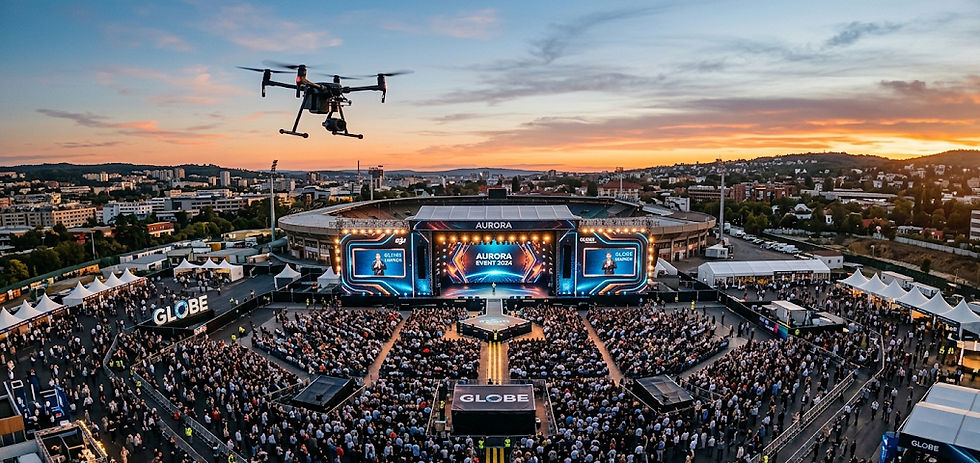 An aerial photograph taken at twilight shows a drone flying above a massive outdoor event titled "AURORA EVENT 2024," using drone photography for events. The text on the large LED screen also mentions the brand "GLOBE." The scene showcases an aerial perspective on dynamic marketing solutions for events.