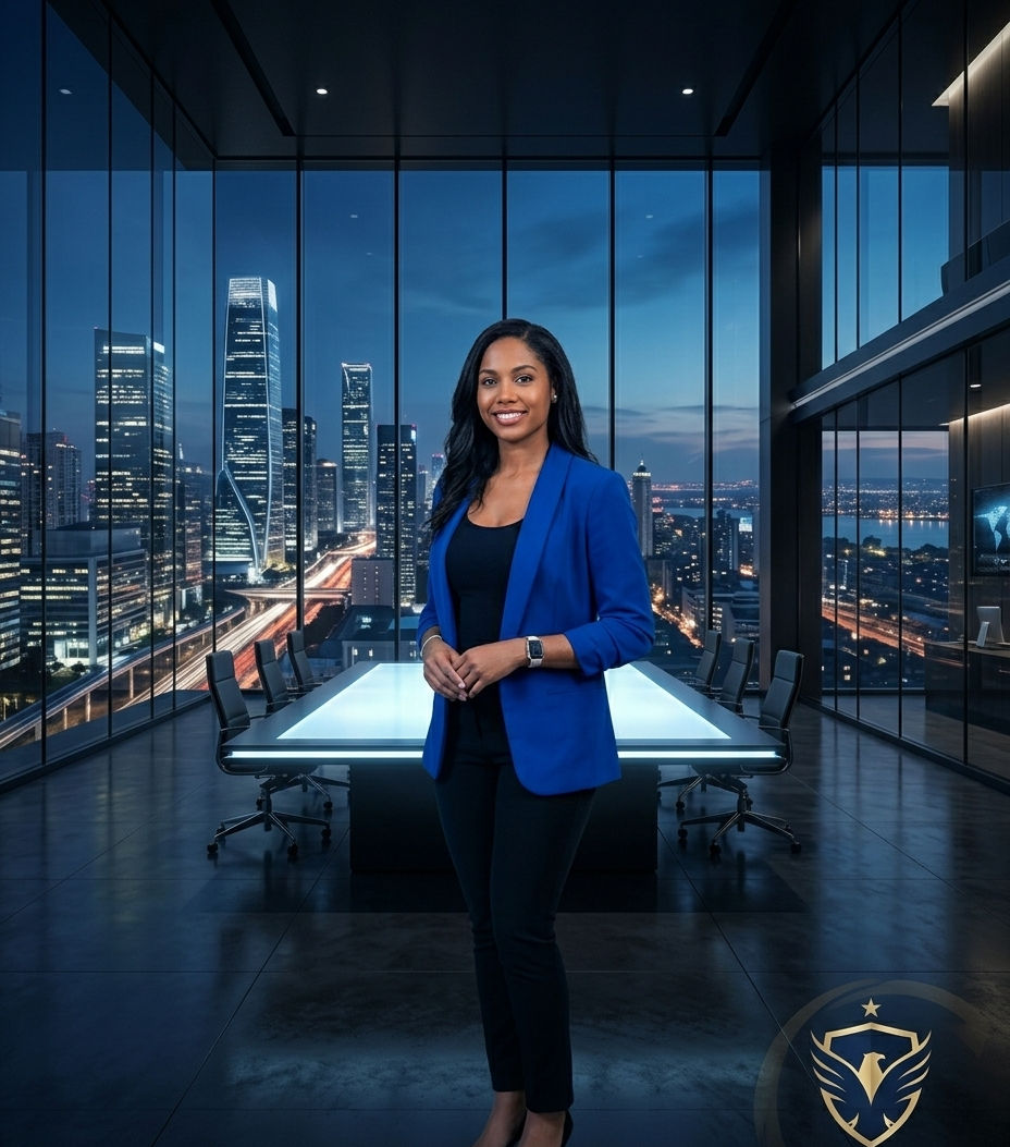 Woman in blue blazer stands in a modern glass-walled office. Night cityscape visible. Mood is professional and confident. By DMA Events