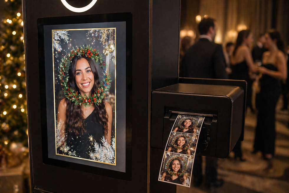 A photo booth prints pictures of a smiling woman framed with a festive wreath. Background shows people in formal attire at a gathering. By DMA Events