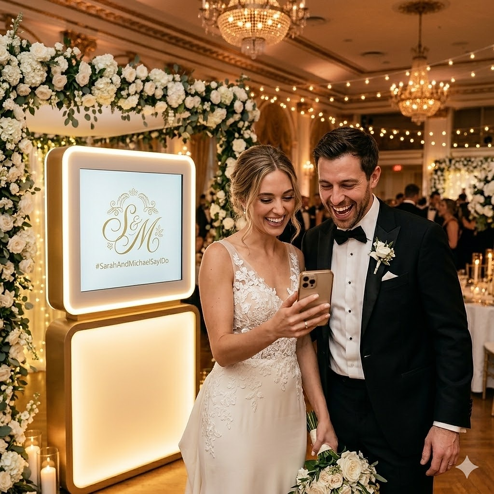 A joyful bride and groom laugh while viewing a GIF on a smartphone, created at their DMA GIF photo booth. The glowing booth stands behind them in a luxurious ballroom, displaying their custom monogram and framed by elegant white florals.