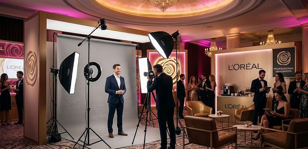 DMA Events headshot booth ideas setup for professional event photography featuring studio lighting, branded backdrop, and guests experiencing a corporate headshot activation.