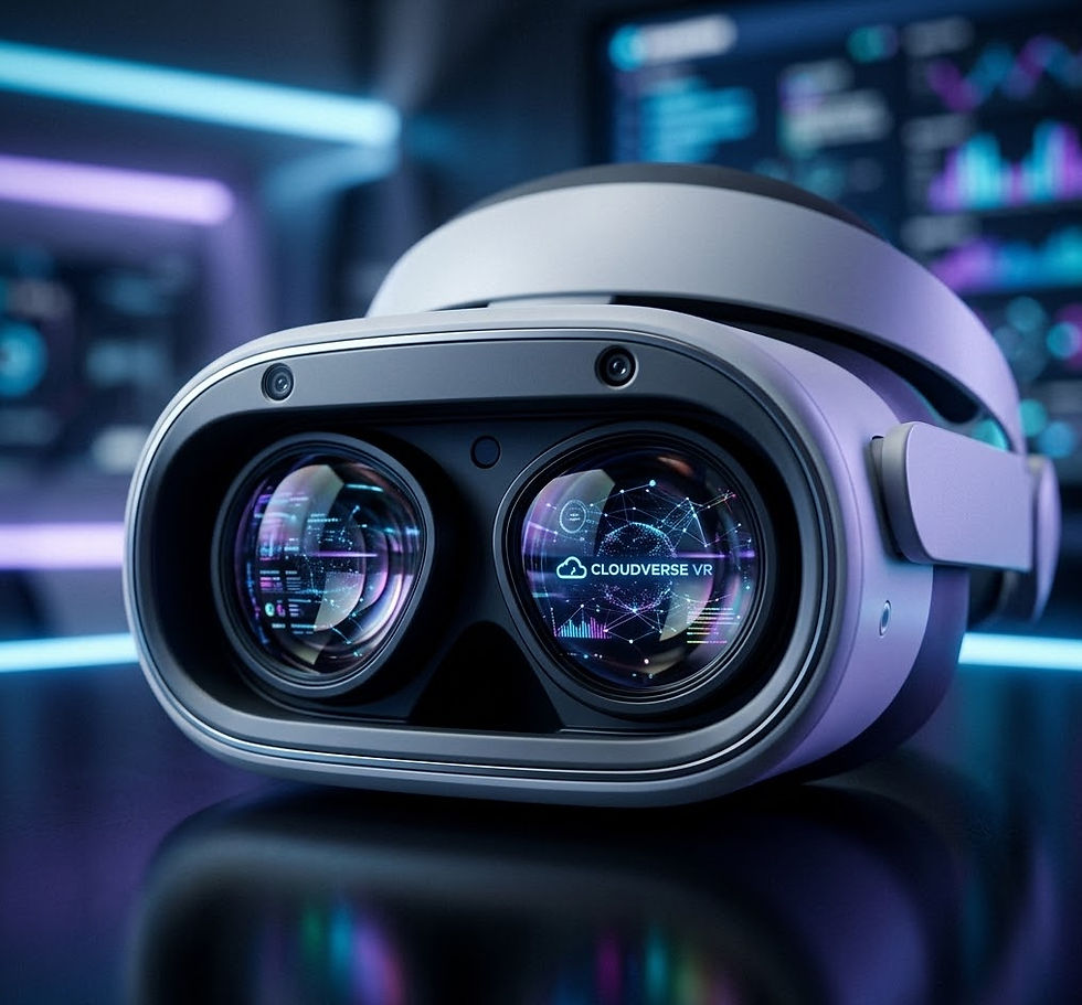 A close-up of a futuristic VR headset reflecting glowing digital interfaces, highlighting a high-tech VR photo booth activation for a DMA event.