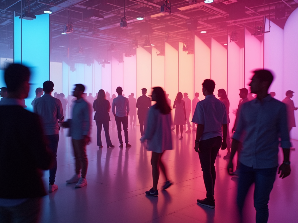 Crowd exploring an immersive red and blue event activation