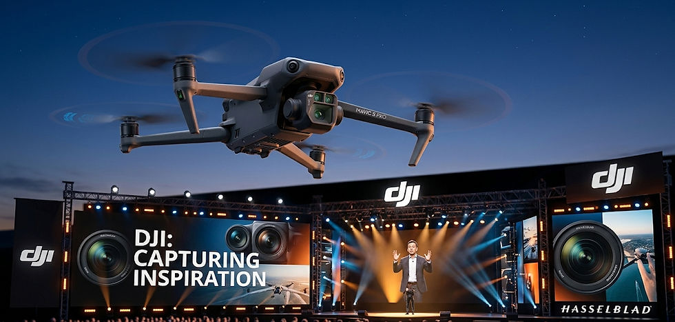 An aerial photograph taken at twilight shows a drone flying above a massive outdoor event titled "AURORA EVENT 2024," using drone photography for events. The text on the large LED screen also mentions the brand "GLOBE." The scene showcases an aerial perspective on dynamic marketing solutions for events.