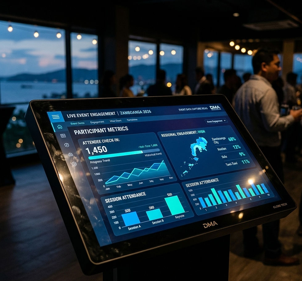 A digital touchscreen kiosk displays real-time participant metrics for "Zamboanga 2026," showcasing innovative event data capture ideas by DMA. The interface features glowing blue analytics and engagement maps.