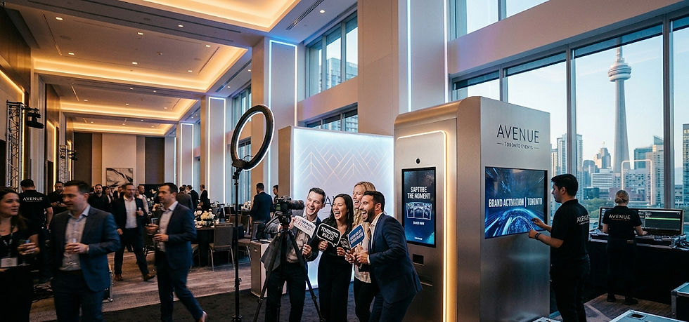 A behind-the-scenes look at a DMA brand activation in a modern Toronto ballroom, featuring guests posing for a sleek, silver photo booth while event staff manage the digital displays and professional lighting.