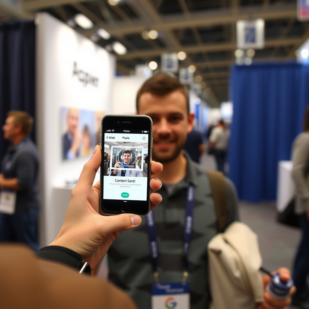 Trade show attendee receiving branded digital content on a phone
