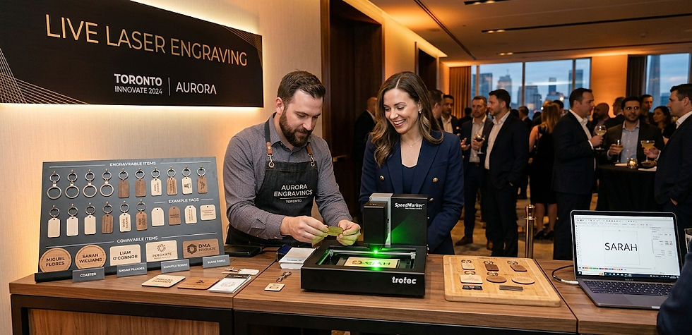 In a sophisticated Toronto event setting, a skilled technician at a live laser engraving station personalizes a wooden keepsake for a guest. This immersive engraving activation idea by DMA features a branded Trotec machine and a display board of engravable items, including keychains and coasters. The warm, elegant ambient lighting and blurred background of corporate attendees highlight a premium, interactive guest experience.