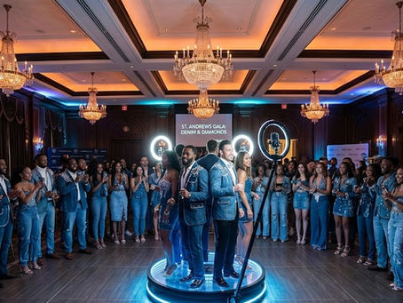 A stunning 360 event case study by DMA, showcasing a circular glowing LED photo booth in the center of a crowded 'Denim & Diamonds' gala, surrounded by excited guests and ornate chandeliers.