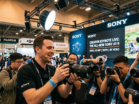 Professional photography trade show scene featuring a Sony representative presenting the new Sony Alpha A1 II camera on stage to a crowd of photographers and content creators. Attendees capture photos and videos while large screens display “CREATOR KEYNOTE LIVE” alongside product details, with other brand booths visible in the background.