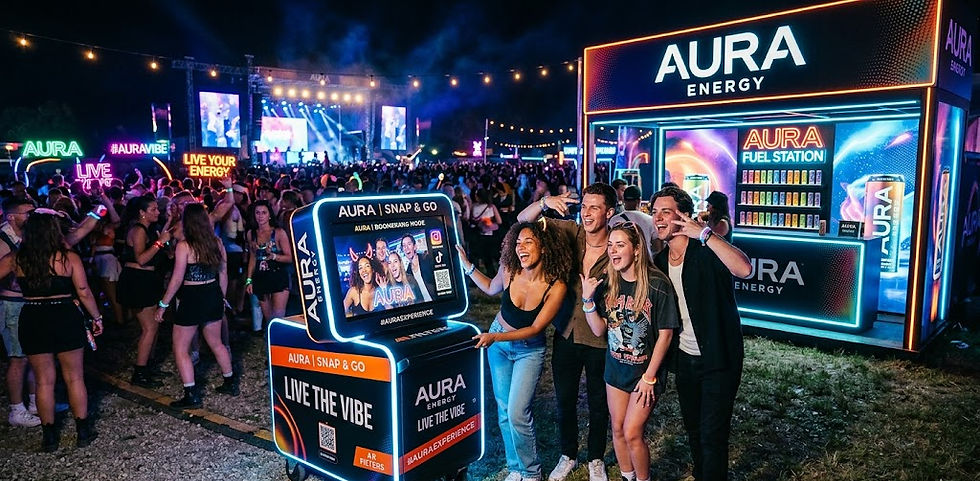 Group posing at a vibrant festival with neon AURA signage. Energetic crowd and stage lights in background. Text: "LIVE THE VIBE".