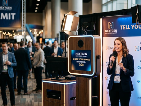 Video testimonial booth interface showing Speaker’s Corner setup by DMA Events