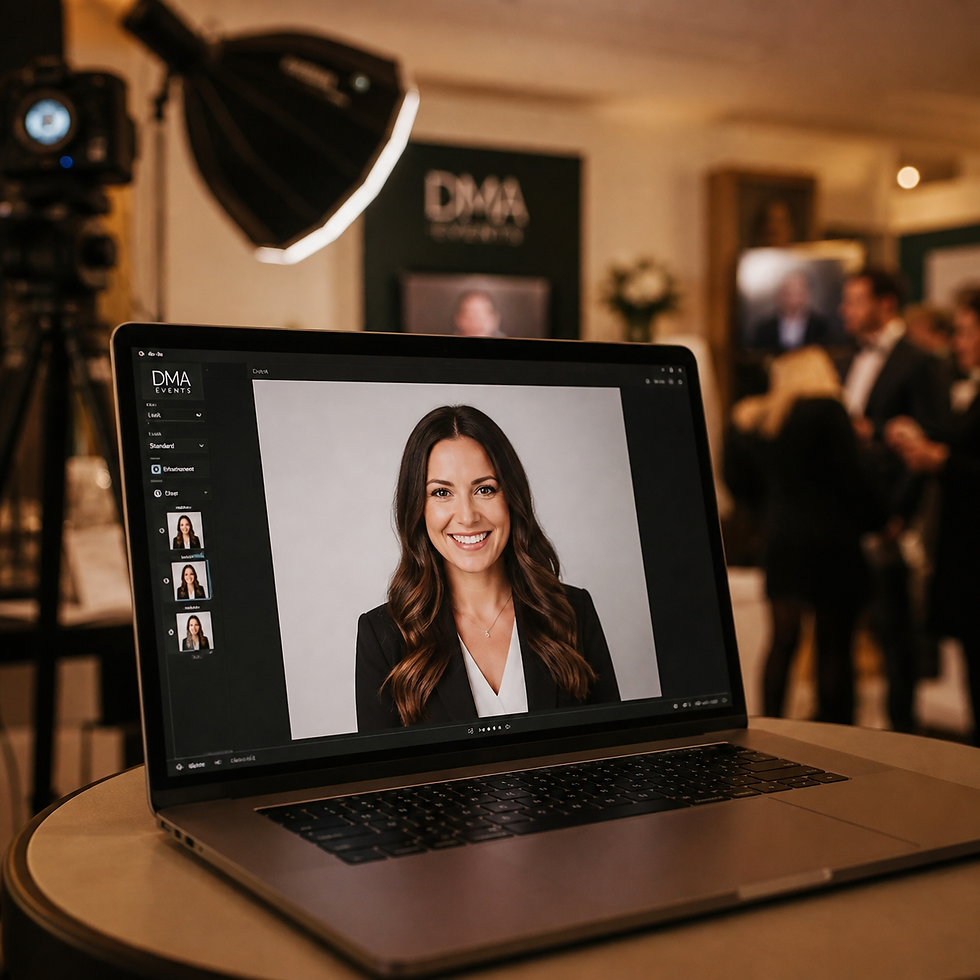 A laptop displaying a high-quality professional headshot from a DMA Events activation. The headshot booth ideas shown include live image preview software and professional studio lighting for instant, high-end corporate portraits at events.