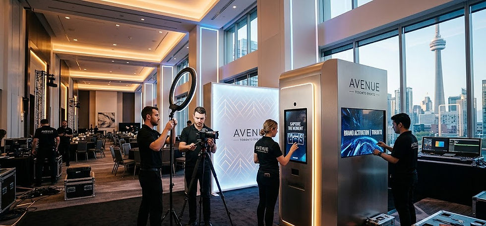A behind-the-scenes photograph of DMA technicians meticulously setting up a modern Avenue photo booth for a brand activation. The booth features illuminated screens and the Toronto skyline, including the CN Tower, is visible through large windows in the background.