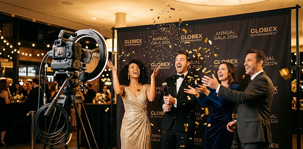 Four guests toss gold confetti at a cinematic DMA slow-motion photo booth. This high-energy activation against a branded backdrop is a top-tier event entertainment idea for luxury galas.